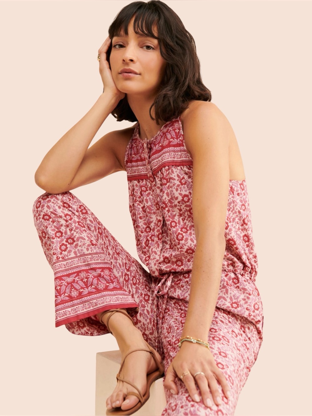 NWT Faherty Adella Floral Organic Cotton Jumpsuit Sun Up Block Print Size Medium